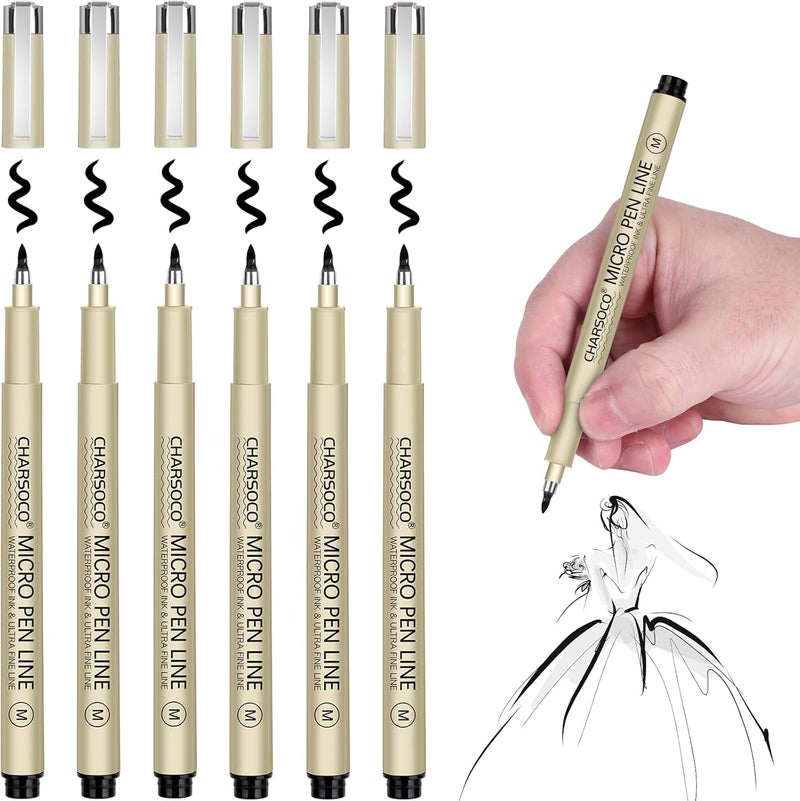 CHARSOCO M Micro Pen, 6 Pack Black Fine Point Pen with Waterproof Archival Ink, 3mm Fineliner Ink Pens for Artist Illustration, Sketching, Anime, Manga, Technical Drawing and Scrapbooking - Image 1